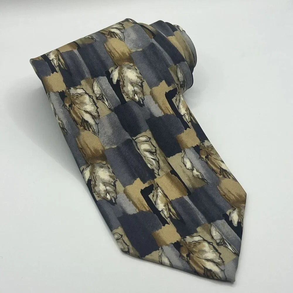 Geoffrey Beene Silk‎ Tie Necktie Suit Grid Leaves Fall Grey Brown Tan